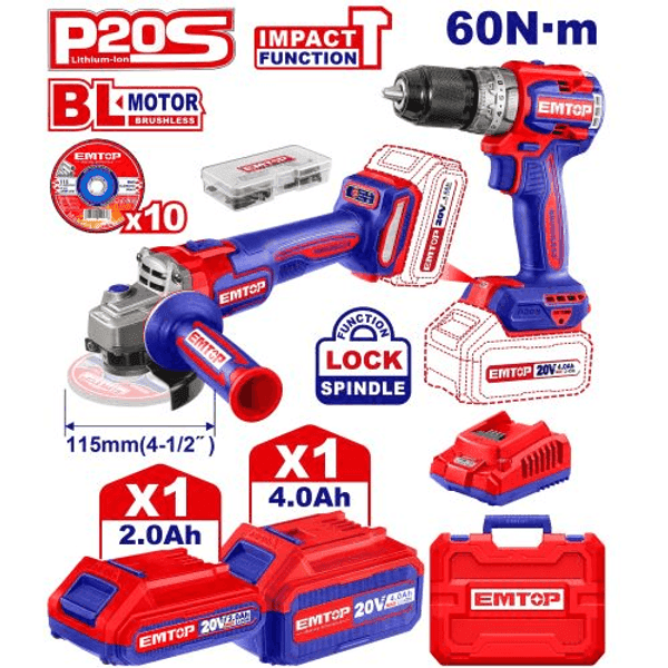 COMBO TALADRO PERCUTOR+AMOLADORA BL 2X BAT. 20V 2AH+4AH+ACCESORIOS M EMTOP 60N-M ECKL-20273