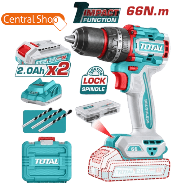 TALADRO DE IMPACTO PERCUTOR A BATERIA TOTAL 20V 66NM COMPACTO BL-2BAT/CAR- TIDLI20668