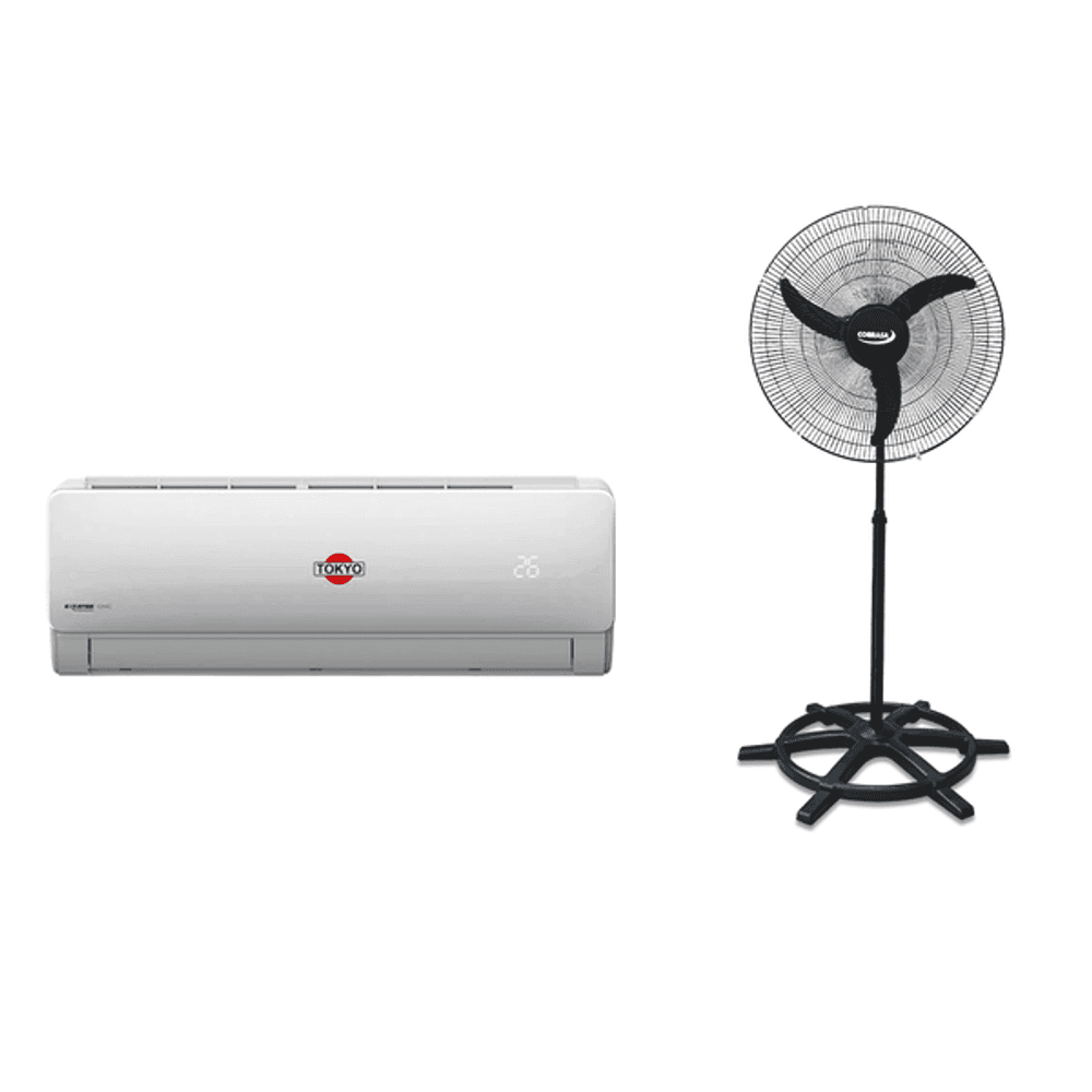 Combo aire tokyo 12,000 + ventilador de pie Cobrasa 24" 3vel negro 147w 80675